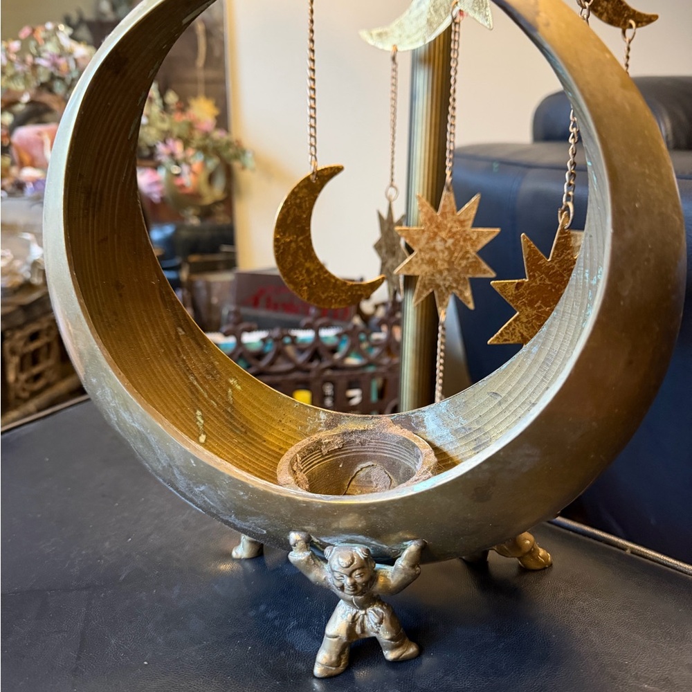 Antique Japanese Ikebana brass moon planter, footed, Asian Warrior, celestial